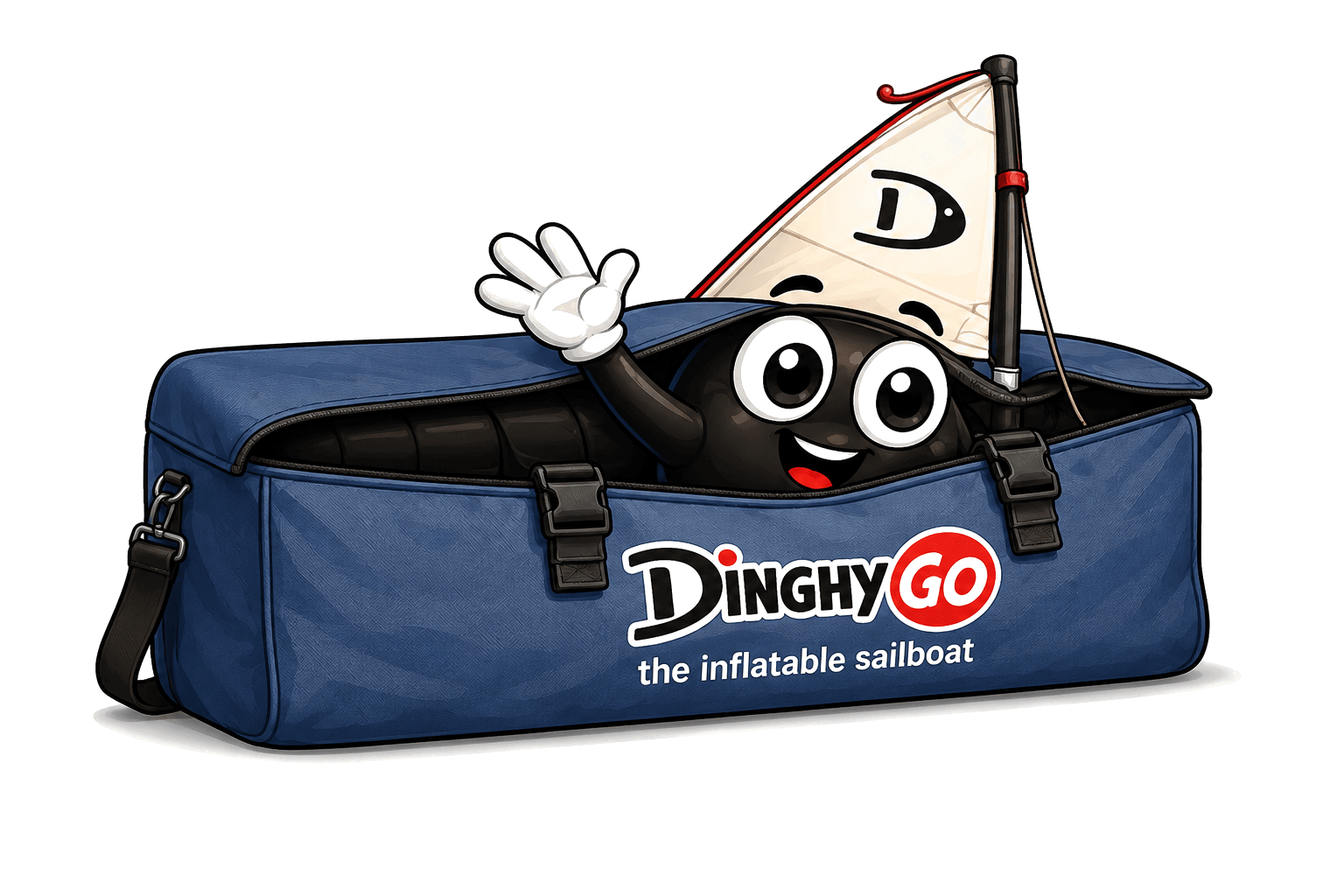 DinghyGo-mascotte zwaait vanuit een ingepakte reistas — klaar voor het volgende evenement