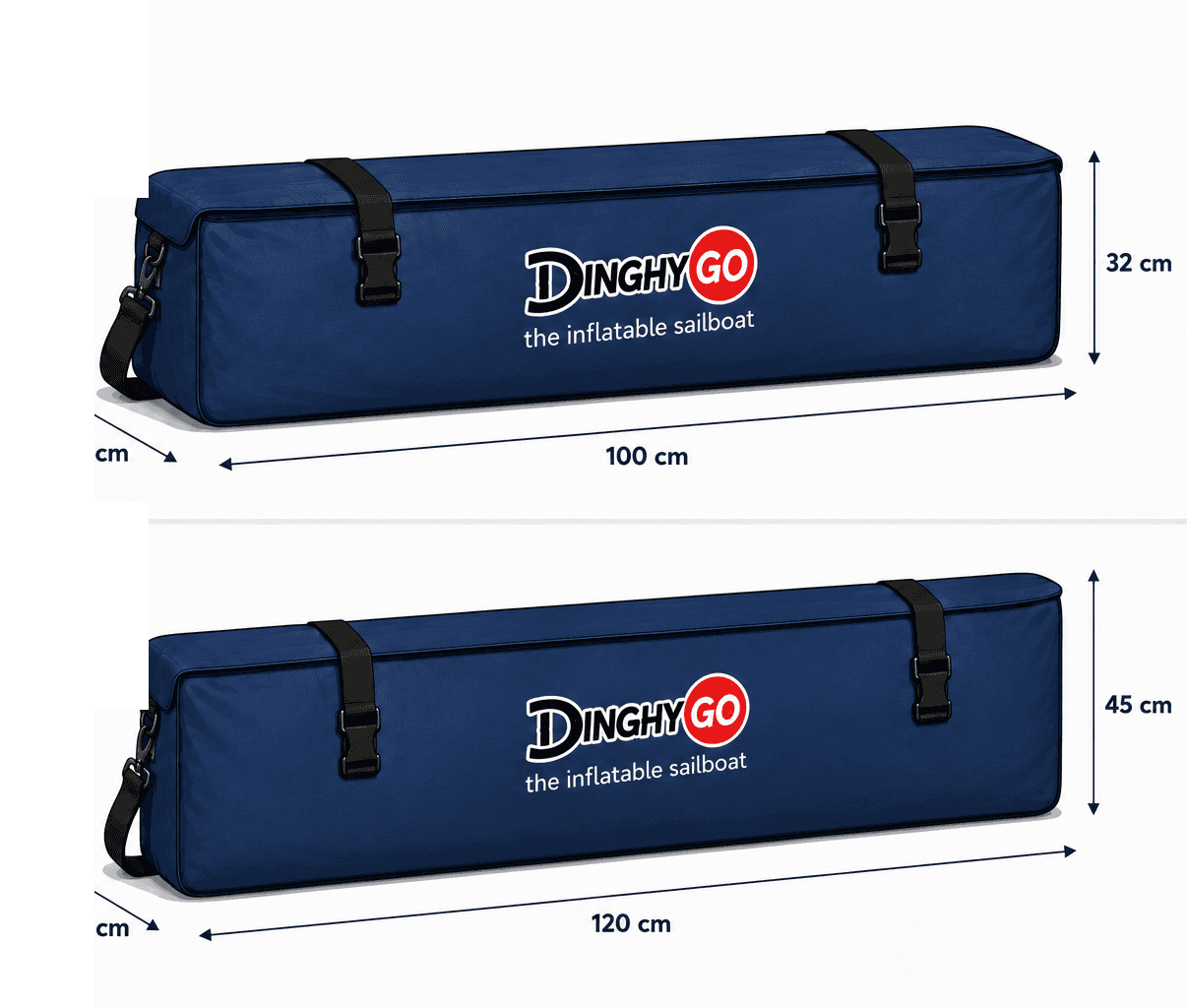Orca 280 Packmaße der Taschen — Bootstasche und Segel-Set-Tasche mit Längen- und Maßangaben