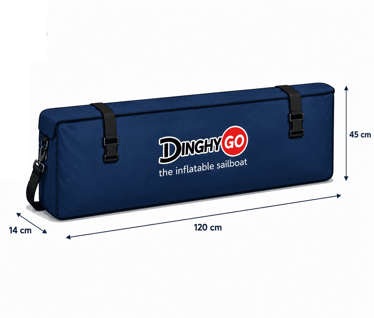 Orca 280 Segel-Set-Tasche — Beschriftungen für verpackte Länge, Tiefe und Höhe