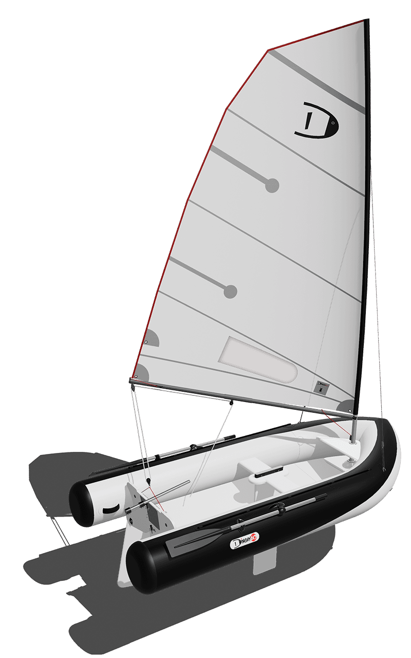 DinghyGo Orca 325 — 3D-CAD-render met getuigd grootzeil