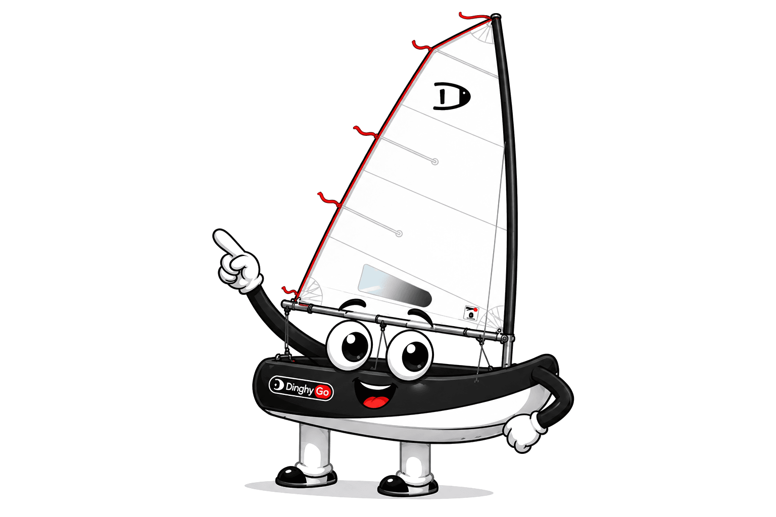 The DinghyGo Orca mascot — a friendly anthropomorphized inflatable sailboat with a white sail, big expressive eyes, and one arm raised in a confident pointing pose